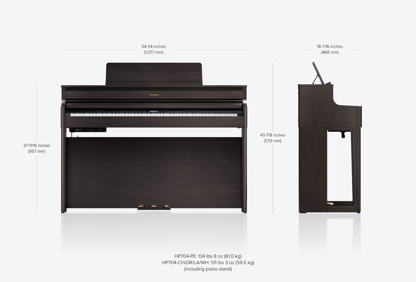 Dimensions du piano numérique Roland HP704